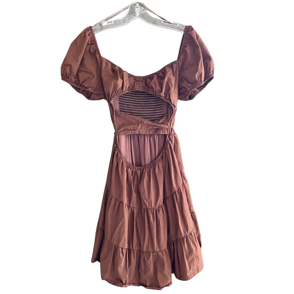 Princess Polly Dress Brown Tiered Smocking Puff Sleeves 10 Tie Waist CottageCore